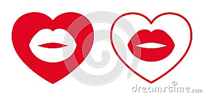 Red imprint kiss lips in heart set icon â€“ vector Stock Photo
